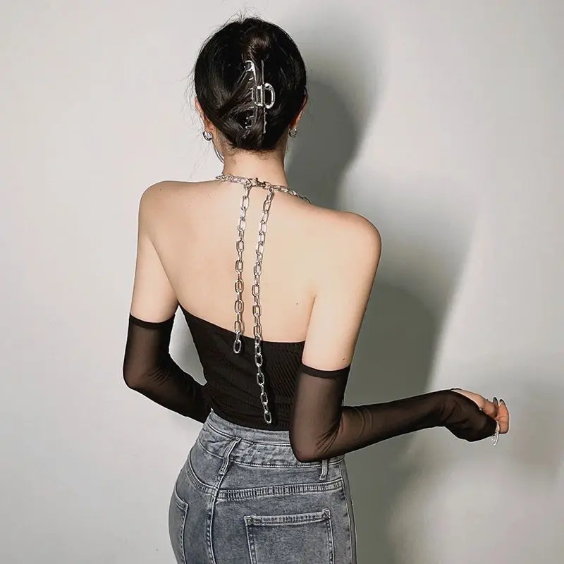 

Women trendy tights Mesh stitching chain Suspender neck jumpsuit top plus arm Sleeve set women black