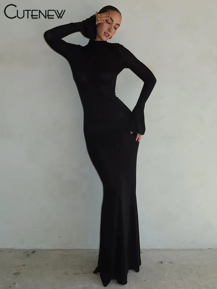 Cutenew Women's Elegant Turtleneck Backless Maxi Dress Full Long Sleeves  Body-shaping Robe Lady Evening Attirewear Vestidos - AliExpress 200000345