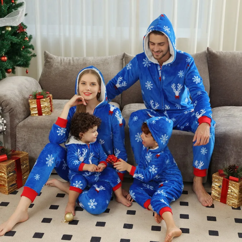 Family Christmas Flannel Pajamas Warm Thick Sleepwear Allover Print Parent-Child Matching Outfits Zipper Hooded Romper Xmas Look