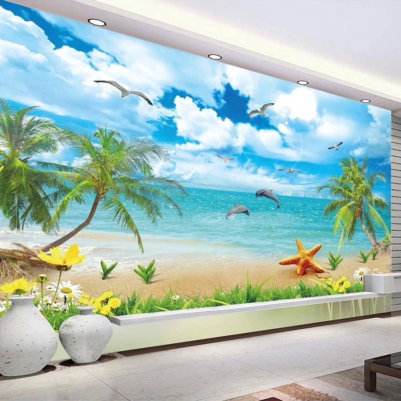 Beach Landscape Wall Mural Blue Sky White Clouds Seagull Dolphin Coconut Tree 3D Photo Wallpaper Living Room Bedroom Decoration