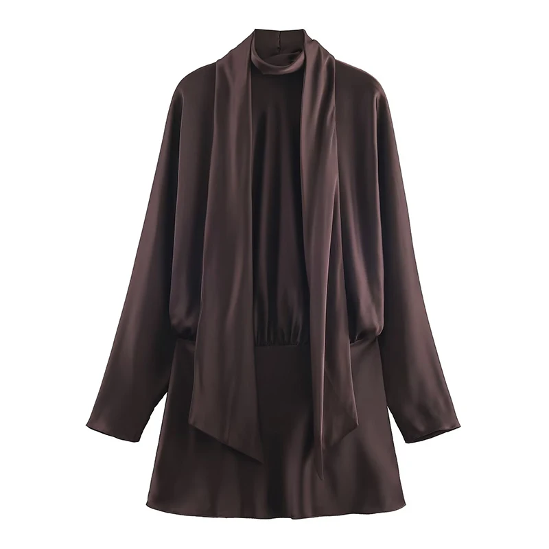Elegant Satin Mini Dress For Women Fashion Scarf Collar Batwing Sleeve Short Dress Lady 2025 Autumn Chic Party Evening Dresses