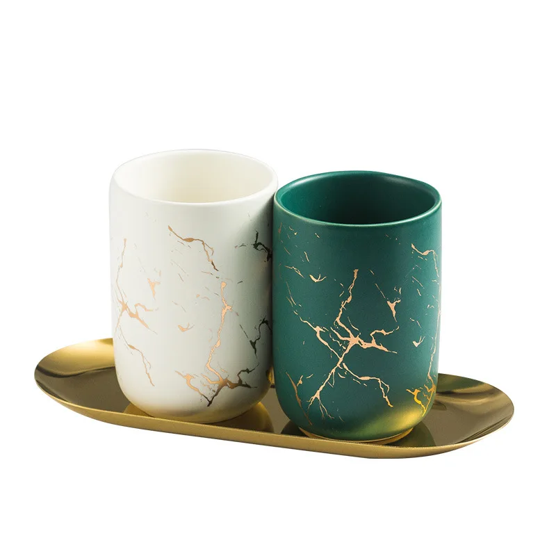 Toothbrush Holder Creative Marbled Gold Plated Mouthwash Cup Couple Toothbrush Holder Bathroom Accessories Ceramic Mouthwash Cup Home Decoration