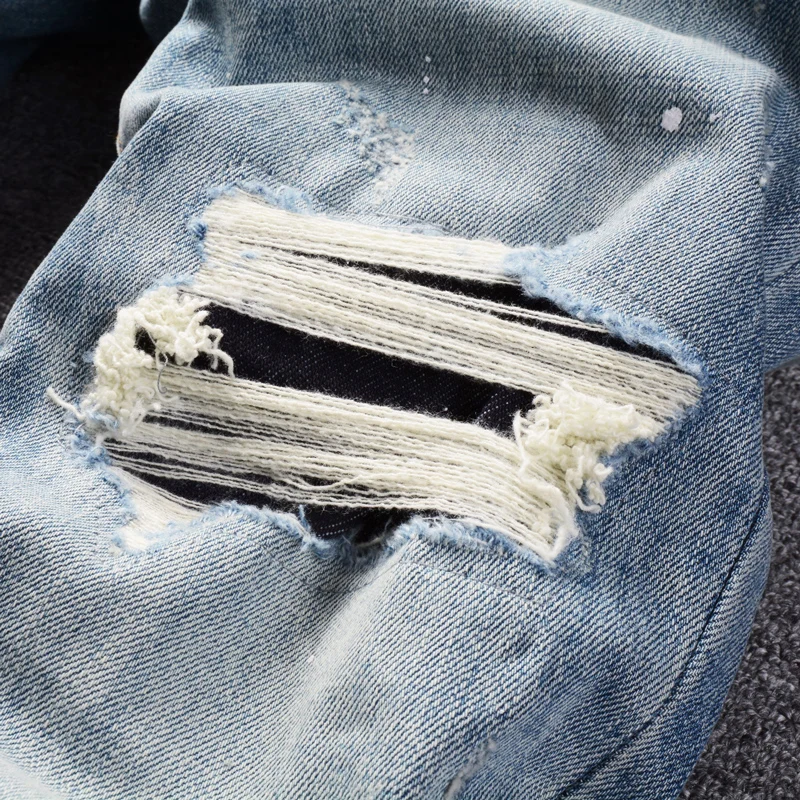 High Street Fashion Men Jeans Retro Light Blue Printed Ripped Jeans Men Painted Designer Patched Hip Hop Vintage Denim Pants