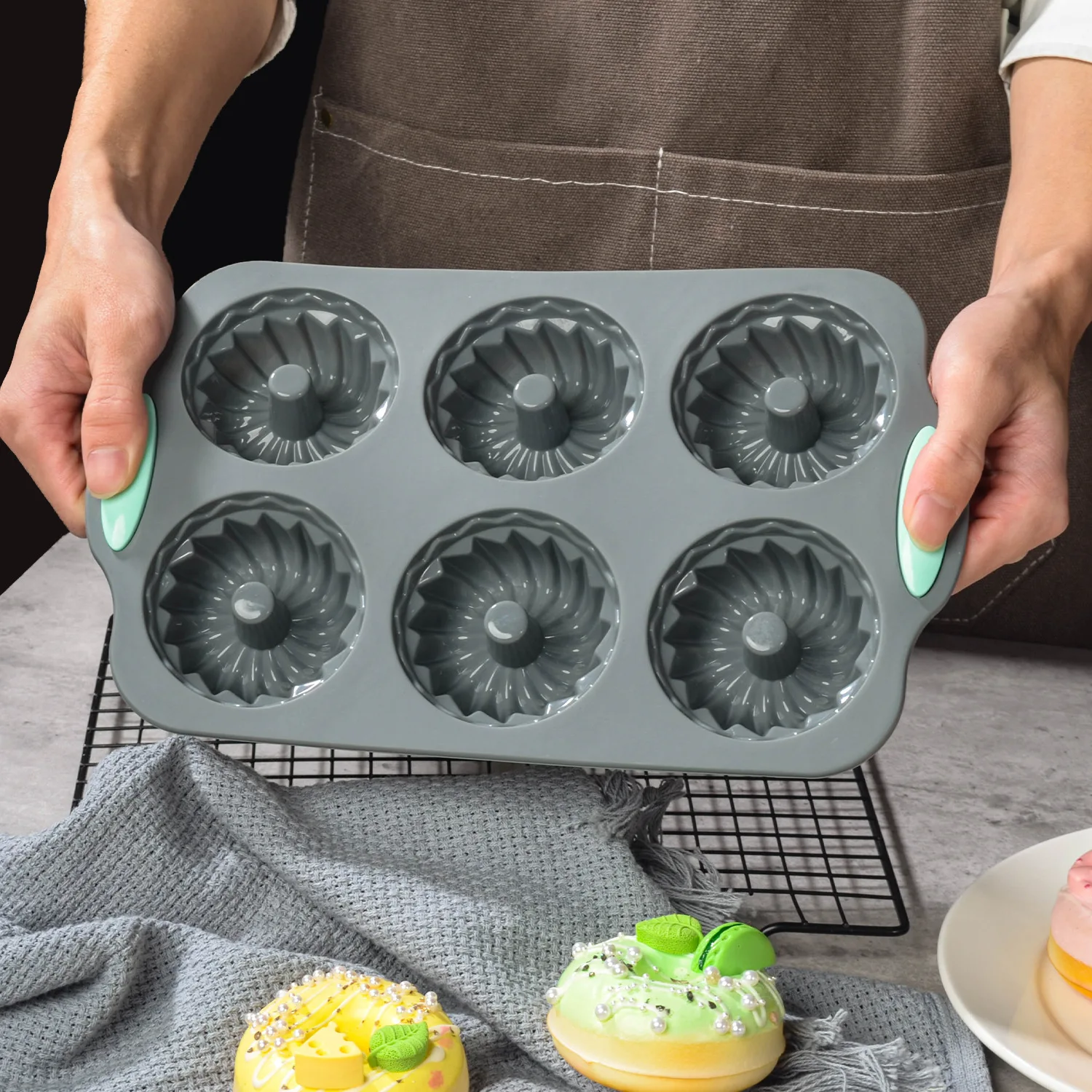6 Hole Silicone Donut Mold Non Stick Donut Maker Baking Tray Reusable Donut Flower and Swirl Shaped Muffin Cake Mould Baking Pan
