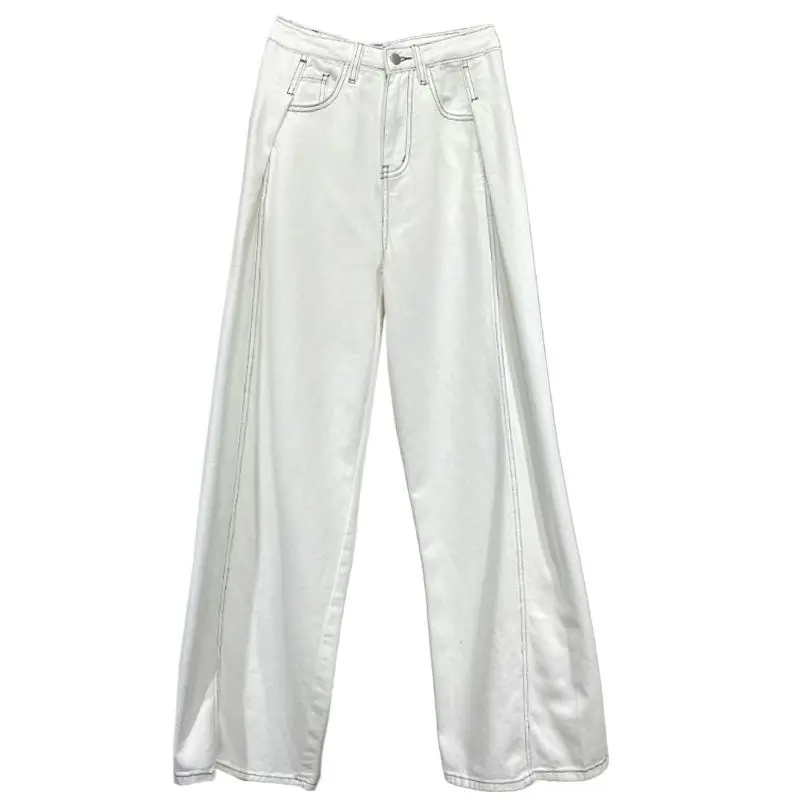 Women's Spring Summer Full Length Wide Leg Jeans Lady Chic High Waist Loose Straight Jeans Casual White Denim Pants