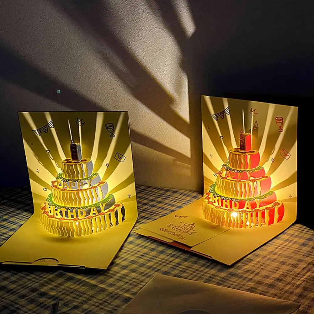 3D Birthday Card Pop-Up Greeting Card with Musical Lights Happy Birthday with Cake for Women Men Kids Friends