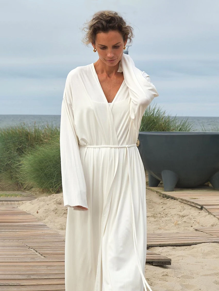 Marthaqiqi Sexy Women Nightgowns Suit Spaghetti Strap Sleepwear Long Sleeve Bathrobe V-Neck Robe Ankle-Length Dress Home Clothes