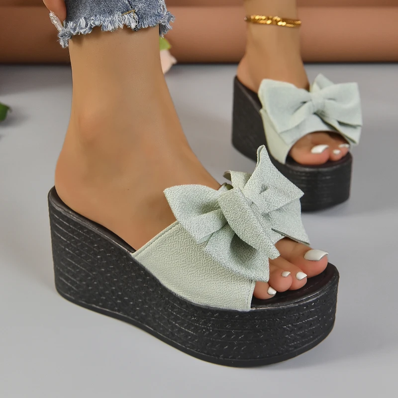 

Wedge Round Toe Modern Slippers Summer 2024 Fashion Bow Women's Shoes Platform Casual Slippers Large Size Zapatillas De Mujer