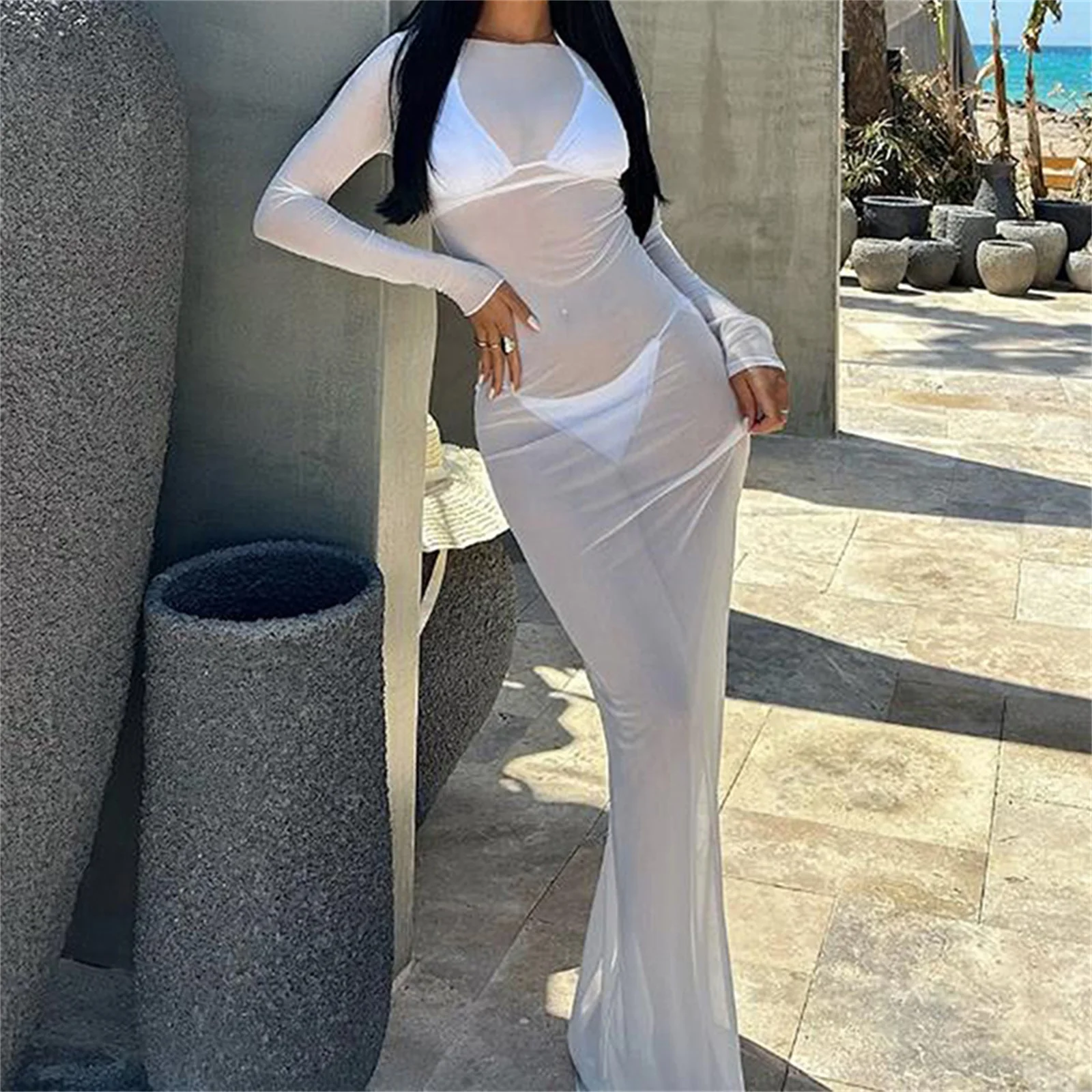 Yiiciovy Summer Mesh Sheer Long Bikini Cover Ups for Women See Through Long Sleeve Beach Maxi Dresses Bathing Suits Beach Wear 2