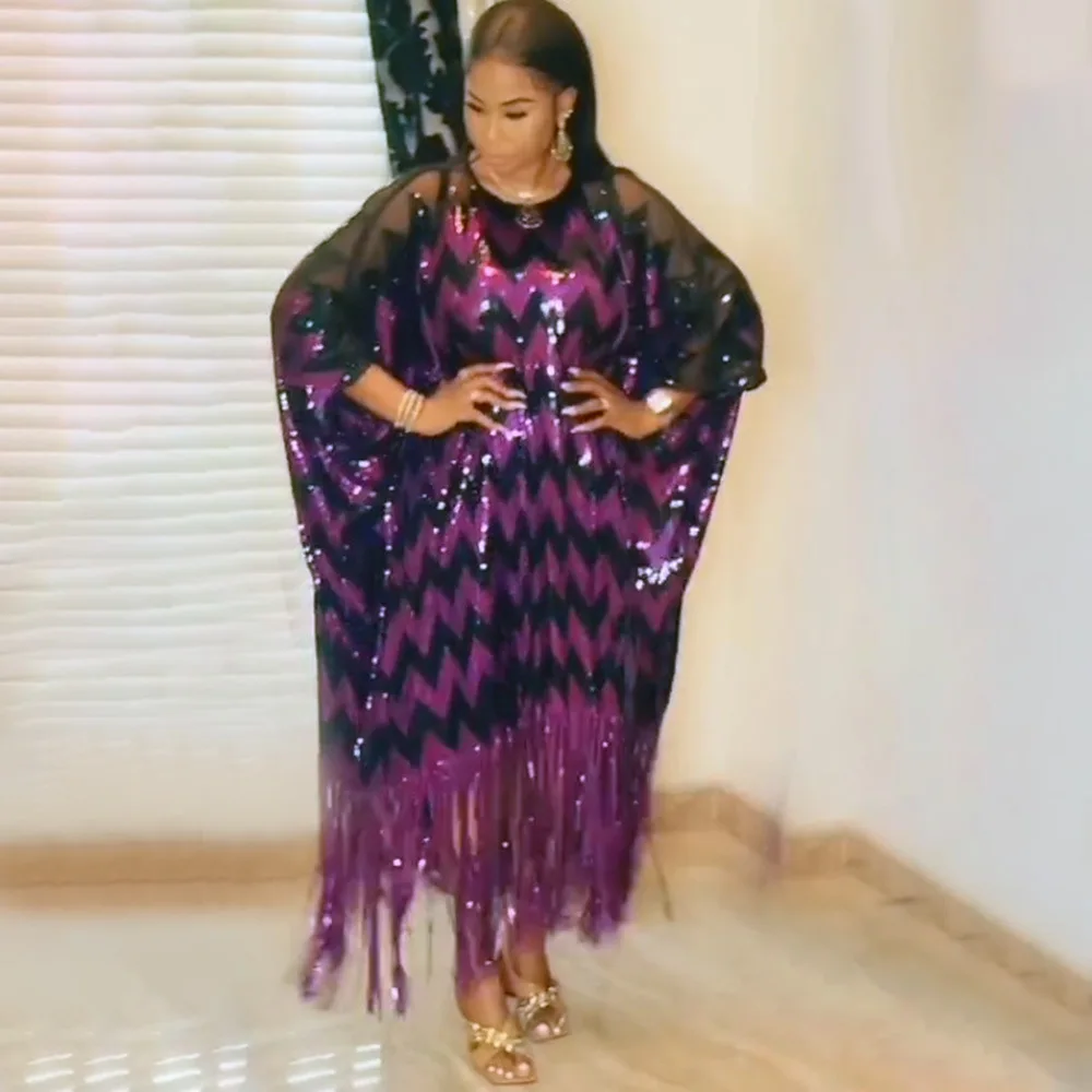 

Eid Muslim Abaya Women Sequins Tassel African Kaftan Loose Maxi Dress Batwing Sleeve Dresses Robes Ramadan Gown Abayas Islamic