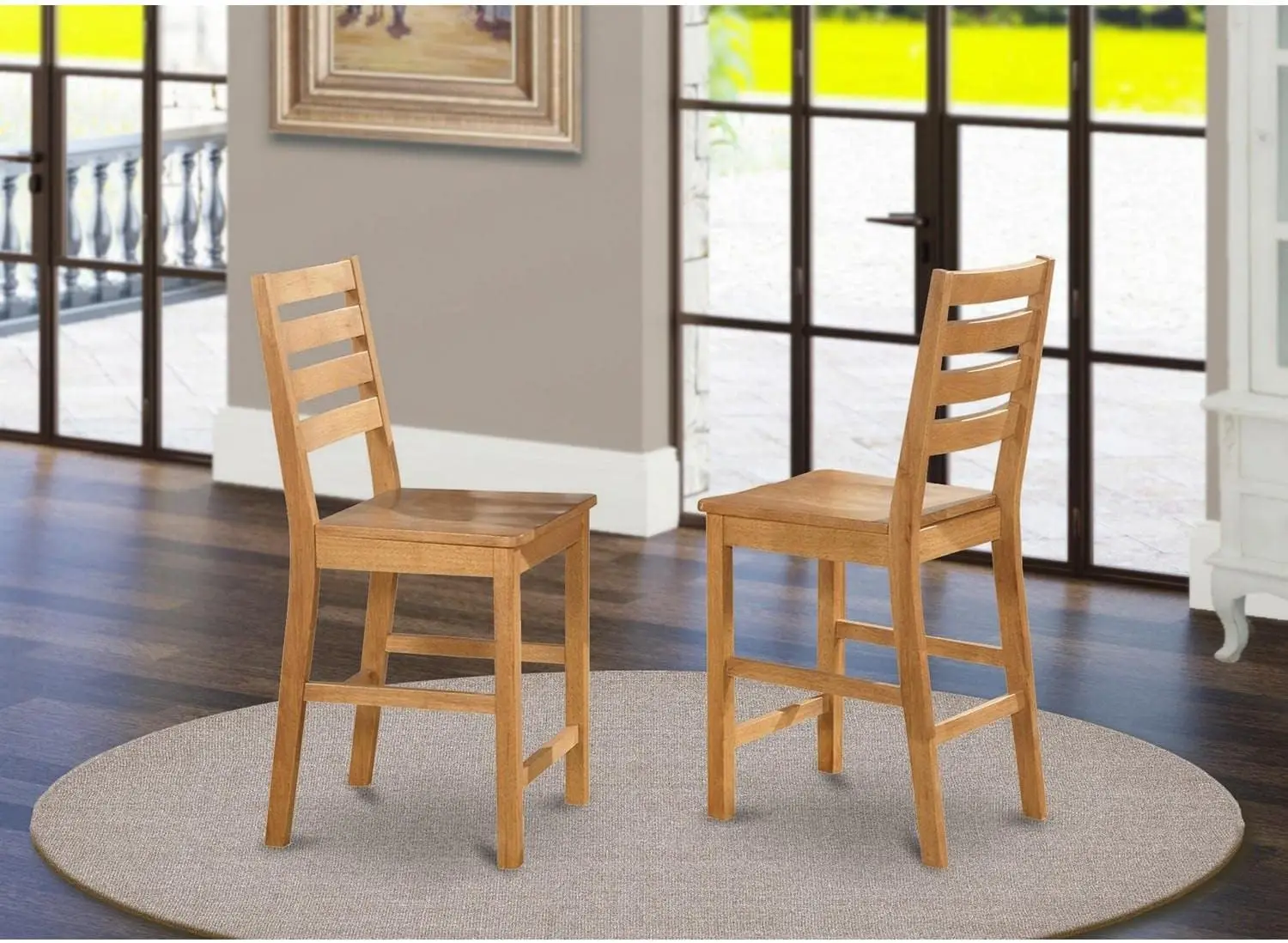 East West Furniture Caf&eacute; Counter Height Dining Chairs-Ladder Back Wood Seat Chairs, Set of 2, Oak