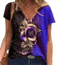 Women T-Shirts Lady Floral Print Short Sleeve Fashion Tee Large Size Loose Summer Tops Female High Street V-Neck T-Shirt 5XL Top