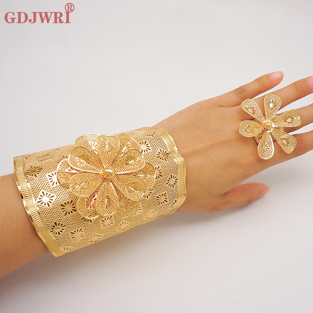 Fashion Indian Gold Color Flower Bangles With Ring Dubai Bride Wedding Party Big Bracelet Jewelry Gifts