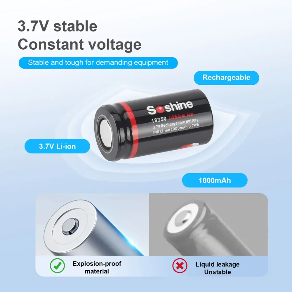 Soshine 3.7V 18350 1000mAh Rechargeable Battery 1000mAh Lithium Batteries Li-ion Battery 1000 Times Cycle Charge Full Time 1h 3