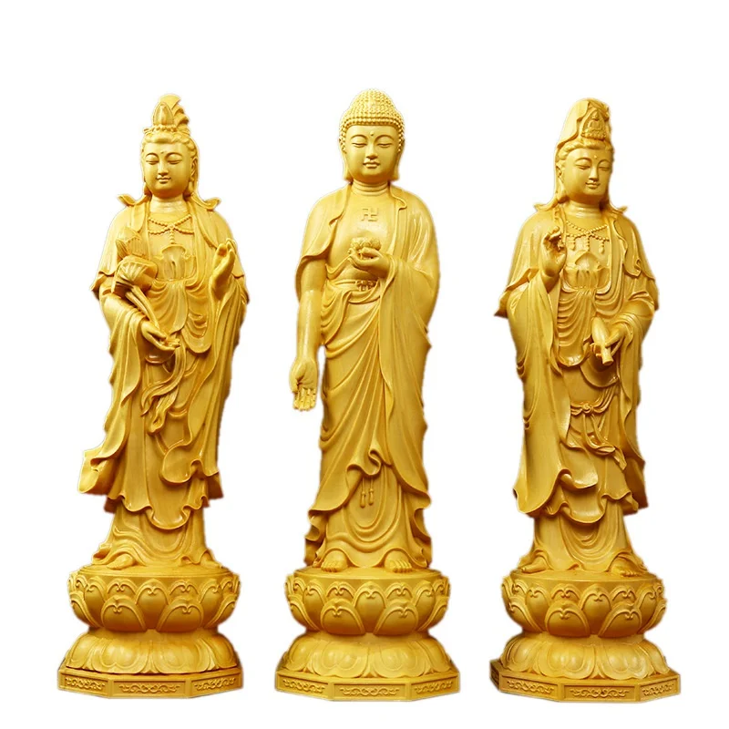 Boxwood Carving Guanyin Buddha Statue Western San Sheng Wood Carving Crafts Home Decoration Contains Three Holy Buddha Statues home decor items