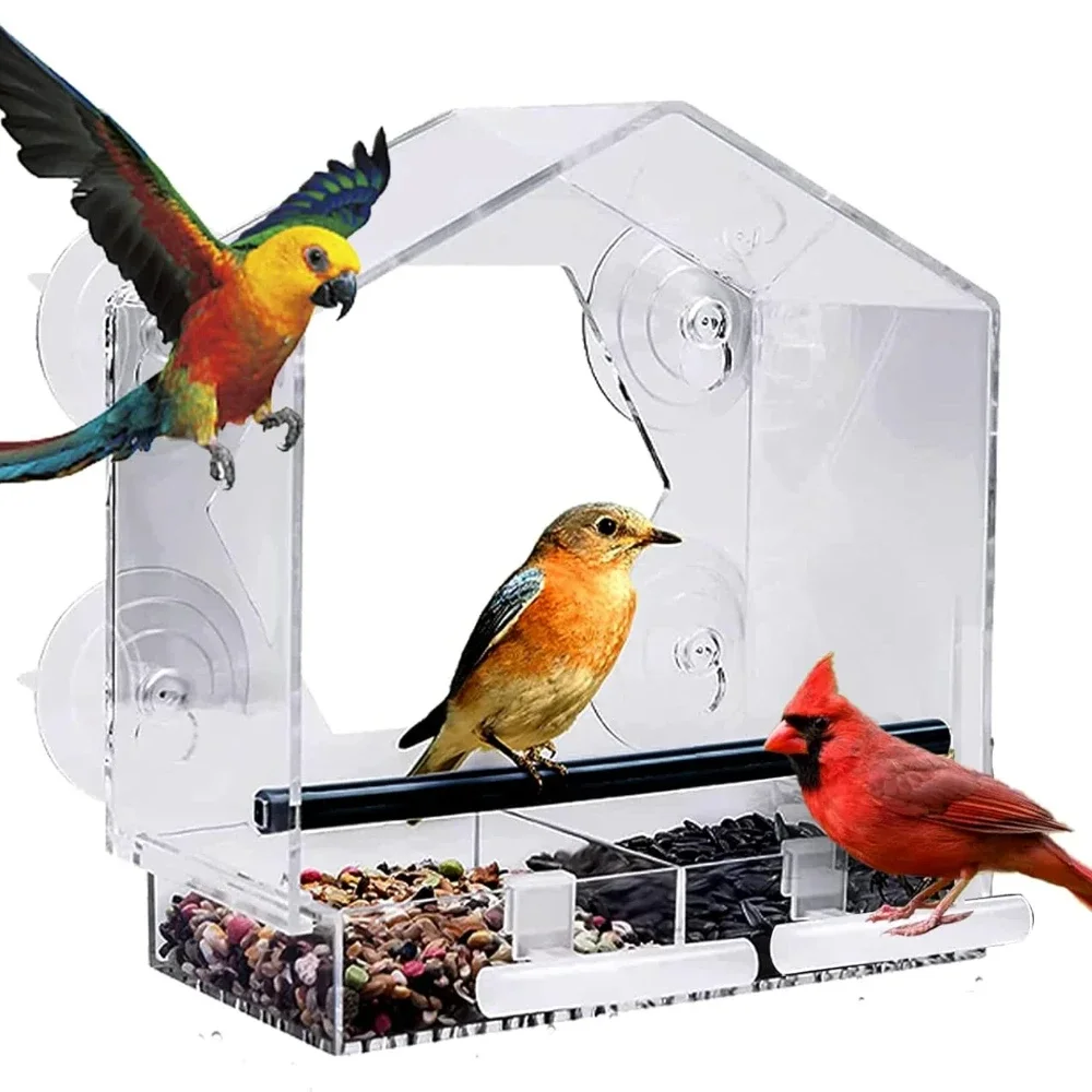 Bird Feeder Bird Supplies Acrylic Clear Glass Window Birds Hanging Feeder Birdhouse Food Feeding House Table Seed Cup Transparent Windowsill Birdfeeders