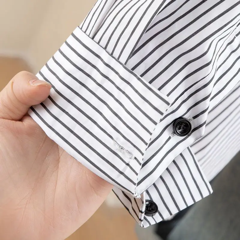 Turn-down Neck Flower Stripe Long Sleeved Loose Shirt And Blouse Clothes Top Casual Single Breasted White Streetwear Women New