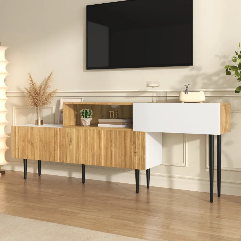 Moderner TV-Ständer mit Marmor- und Holzschnitzerei-Design, PVC-Kante, Eisenbeine, dunkle Holzfarbe, platzsparend, langlebig und langlebig – Detail 30