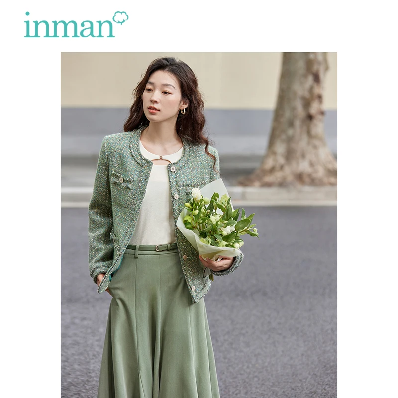 INMAN Women Tweed Jacket 2023 Autumn Long Sleeve Round Neck Loose Coat Mixed Color Checkered Pattern Elegant Advanced Tops