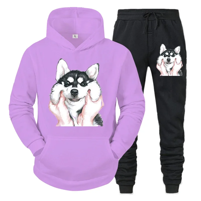 thumbnail image 1 of Conjunto deportivo divertido y bonito con estampado de husky para hombre, sudadera con capucha y pantalones de manga larga estilo callejero Y2K, conjunto de 2 piezas con capucha de perro y animal de a, 1 of 5