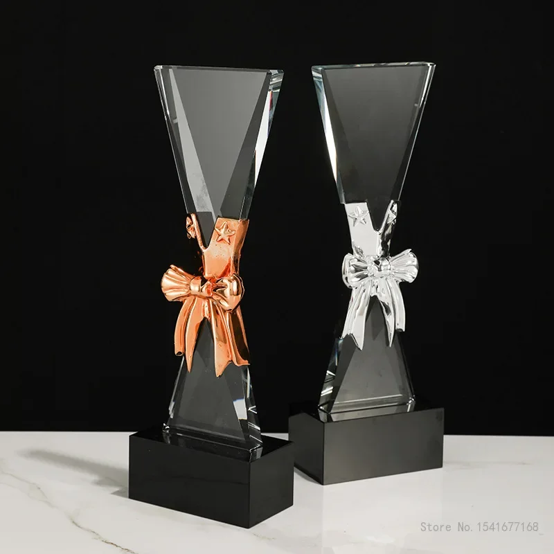 Customized High-end Bow Crystal Trophy, Creative Metal Insert Honorary Medal, Annual Meeting Award Free Engraving Home Decor 1Pc