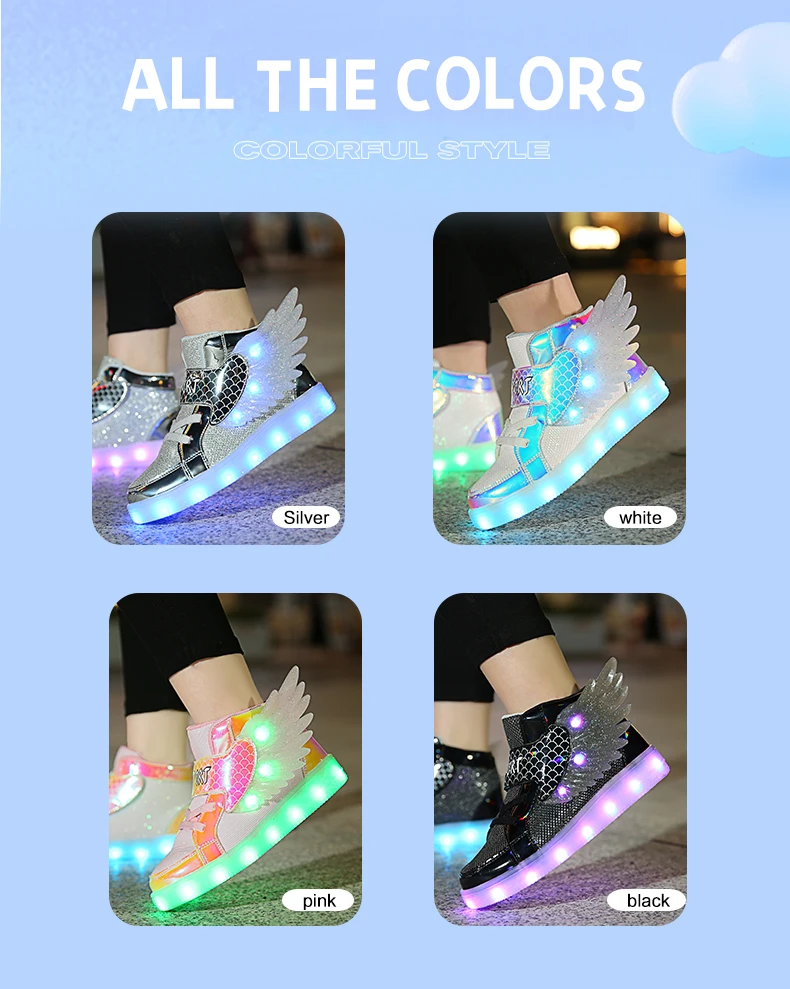 extra wide fit children's shoes 2022 NEW Children Luminous Glowing Sneakers White Pink Led Light  Kids Led Shoes Boys Girls Wing Shoes USB Charging girl princess shoes