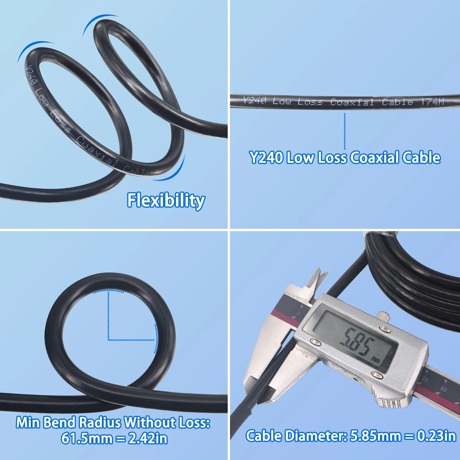 Câble Coaxial BNC Mâle Vers Femelle - 5 Mètres - HF240 (équivalent LMR240) - Pour Antenne, Radio CB, Wifi - étanche