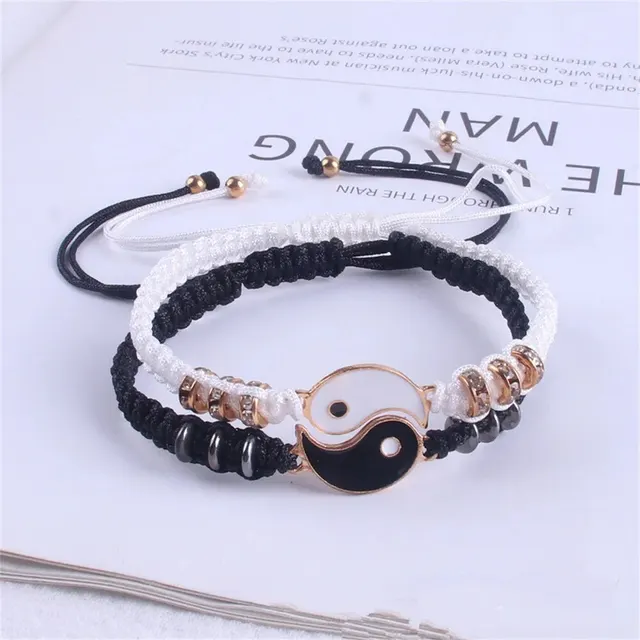 2 PC Jewelry Set Couple Black White Tai Chi Bracelet Rope Adjustable Chain Set Simple Style Daily Wear Jewelry 2