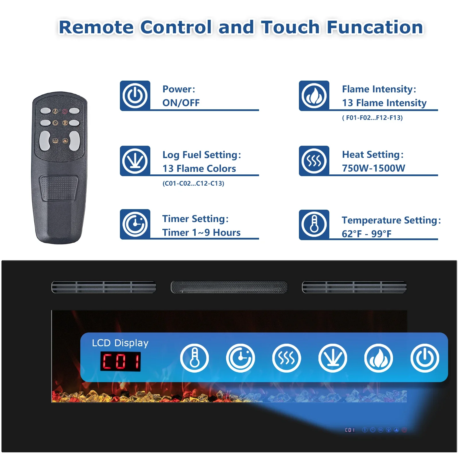 Dreamflame High Quality 72R In Media Electric Fireplace Heater 13 LED Colors 1500W Power Recessed And Wall Mounted Modern Style 5