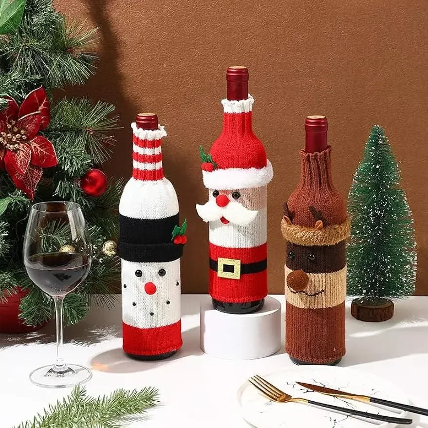 Wine Bottle Cover Christmas Set Santa Snowman Woven Wine Bottle Bags For Christmas Party Dinner Table Decorations New Year Gifts