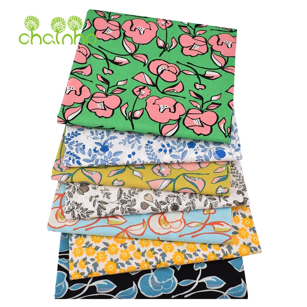 Chainho,Printed Plain Weave Poplin Cotton Fabric,DIY Sewing Quilting Material,Patchwork Cloth,Flower Series,3 Sizes,15PC77