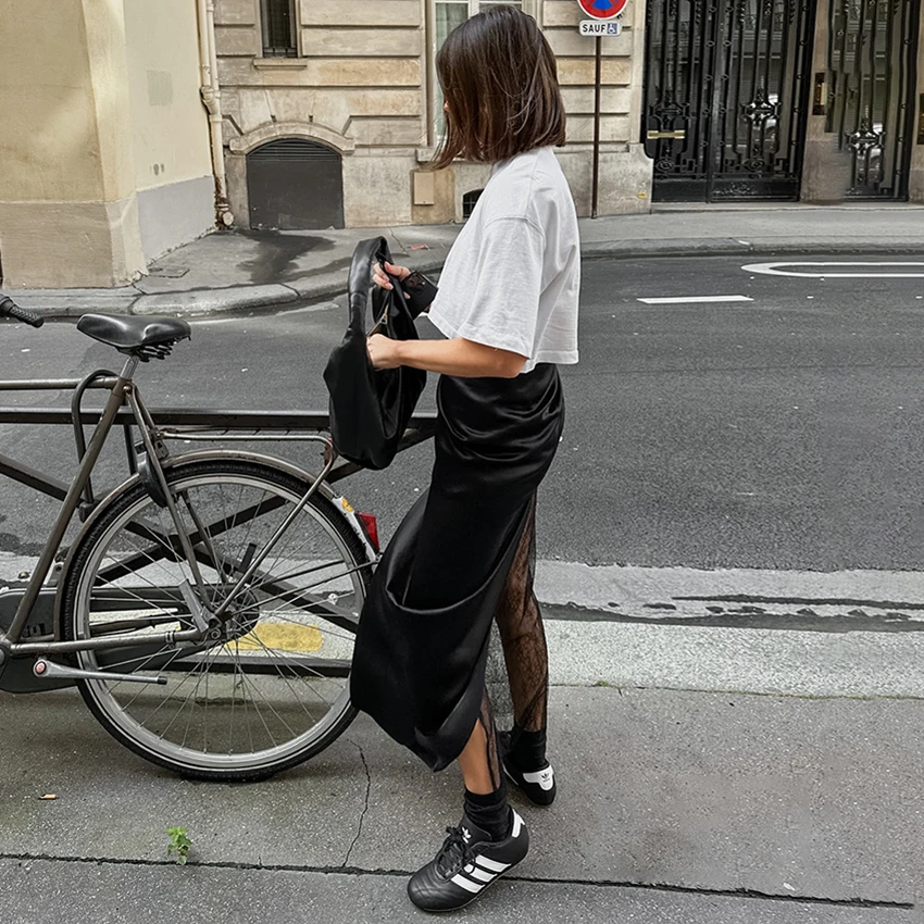 Linad Sexy Black Patchwork See Through Long Skirts Lady Street Chic High Waist Straight Skirts Summer Elegant Satin Split Skirt