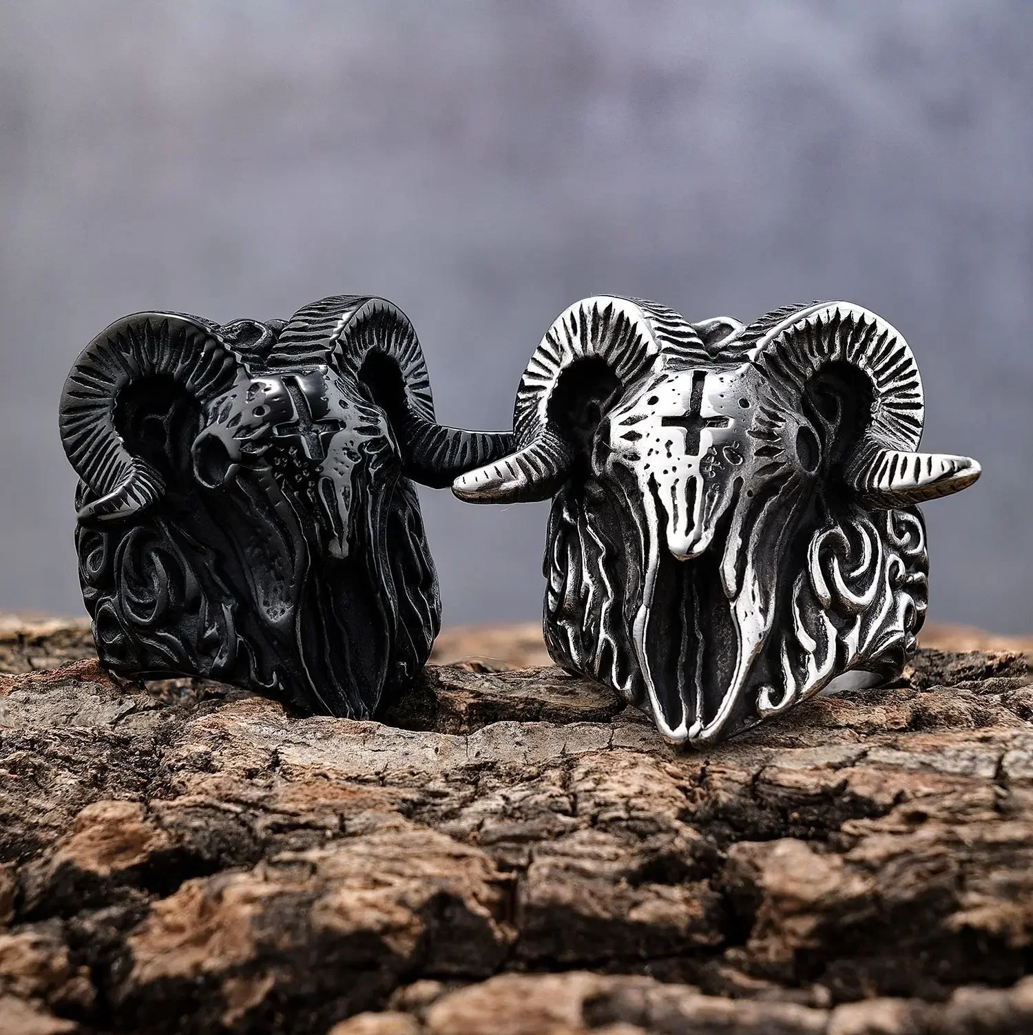 

CHUANGCHENG Europunk Vintage Style Stainless Steel WISH Sheep Head Skull Head Rings Size 7-16