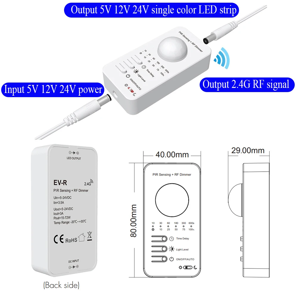 PIR 모션 센서 디밍 LED 컨트롤러, 계단용 타이머, RF 리모컨 일광 감지, 5V, 12V, 24V, 2.4G