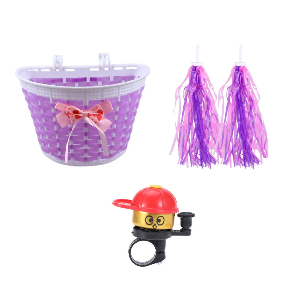 

4pcs Kids Bike Basket Streamers Bell Handlebar Storage Basket Tassels Horn for Kids Bike Scooter Decoration Supplies ( Purple )