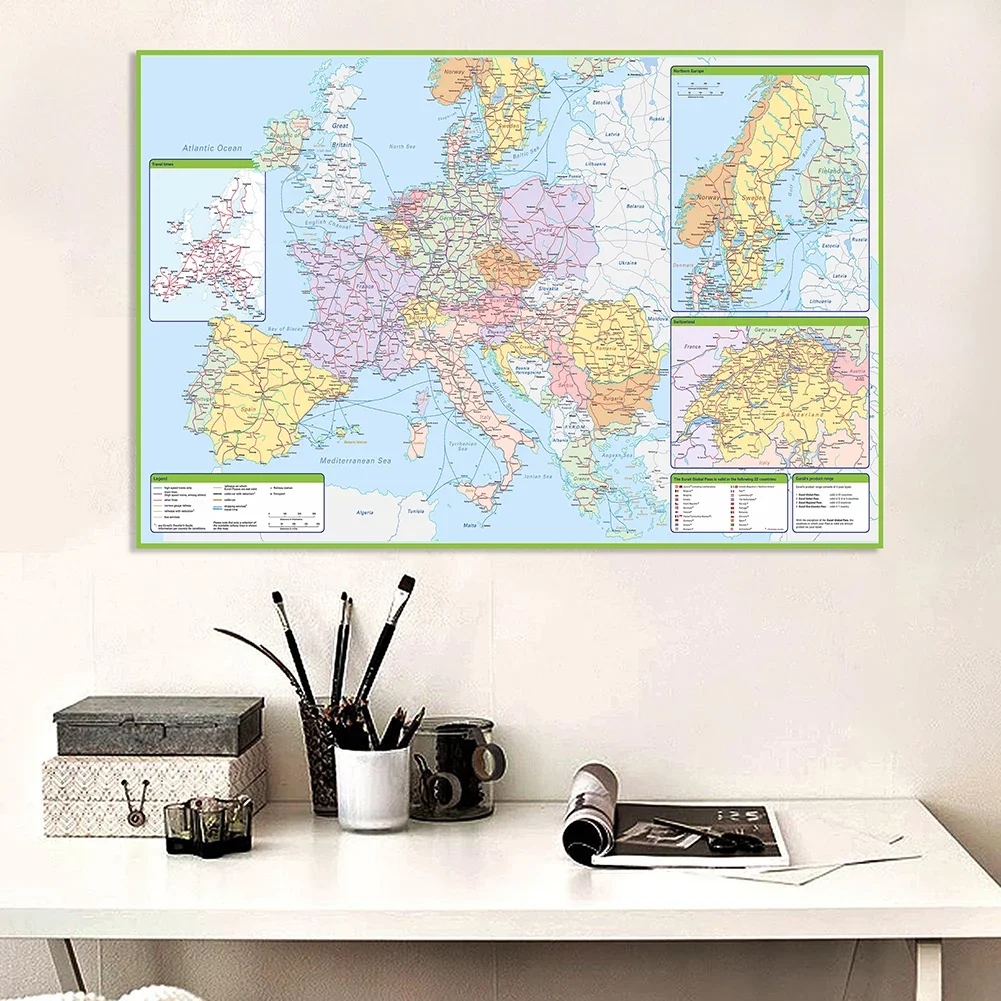 225*150cm The Europe Political and Traffic Route Map Wall Poster Non-woven Canvas Painting School Supplies Classroom Home Decor