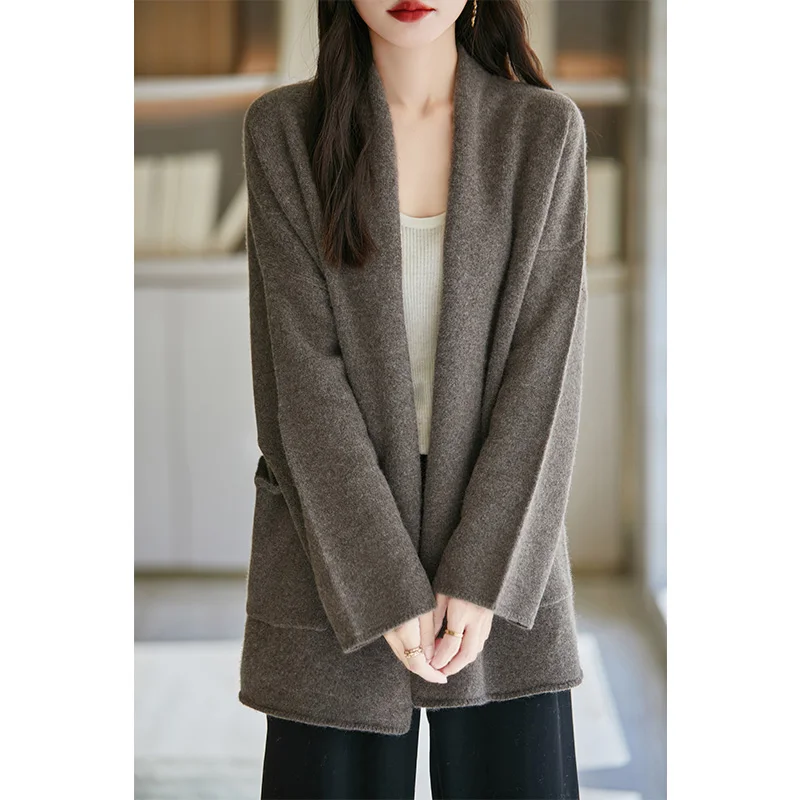 Christmas 100% Merino Wool 7-Needle Thick Knit Cardigan Loose Plus Size Top Women's Double Pocket Cashmere Coat Winter YYY2437 2