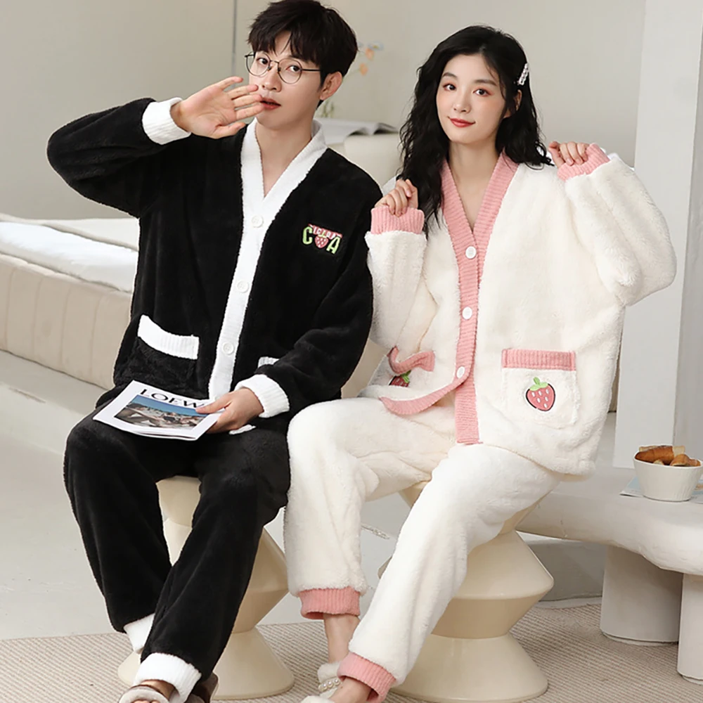 Antistatic Ultrafine Plush Thicken Island Velvet Couple Sleepwear Men's Winter Pajamas Set Warm Windproof Sweet Style Pajama