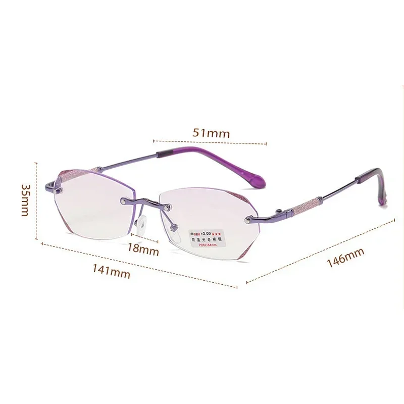 Fashion Frameless Cutting Edge Reading Glasses Red and Purple Starlight Fine Flash Presbyopia Eyewear Anti Blue Light Glasses 6