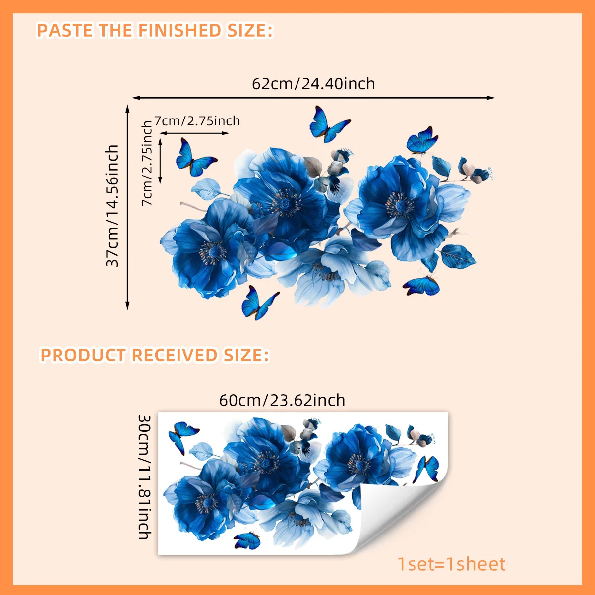 Blue Floral Butterfly Wall Sticker - Self-Adhesive Decal for Living Room, Bedroom, Bathroom & Bathtub Background Wall Decoration