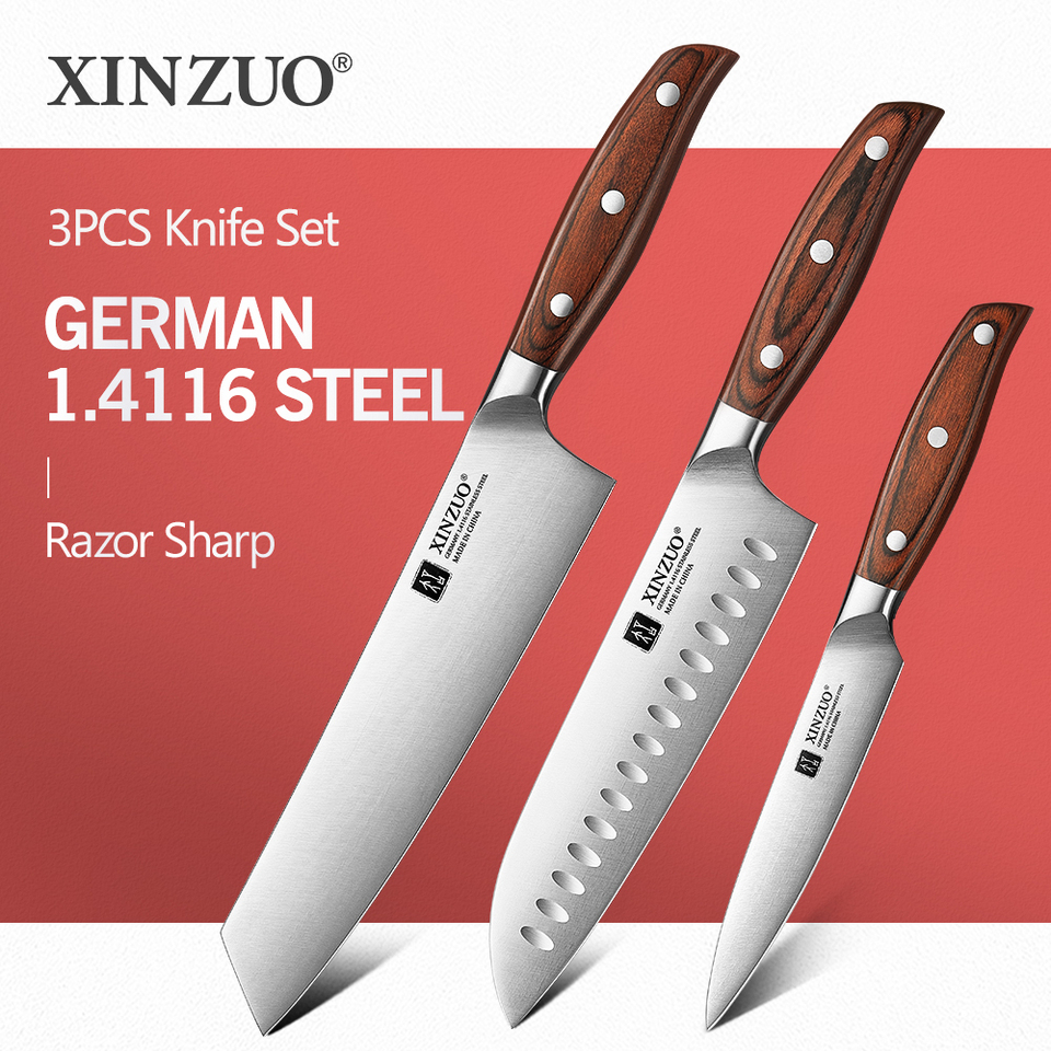 XINZUO 1PC-3PC Stainless Steel Knife Set Utility Santoku Bunka Chef Knives German1.4116 Steel Red Sandalwood Handles Gift Box