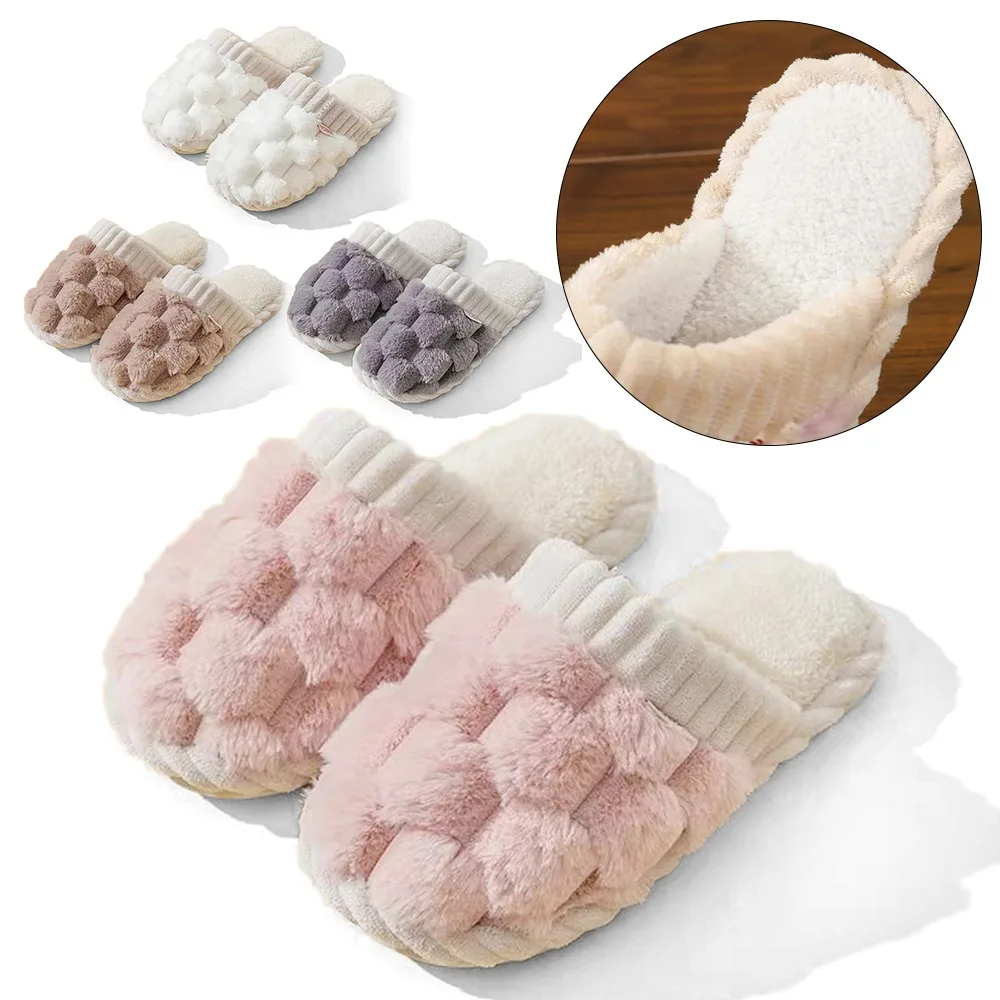 

Soft Plush Colorblock Faux Fur Slippers Non-slip Keep Warm Plush Slippers Soft Bottom Unisex Thick Bottom Slippers Indoor