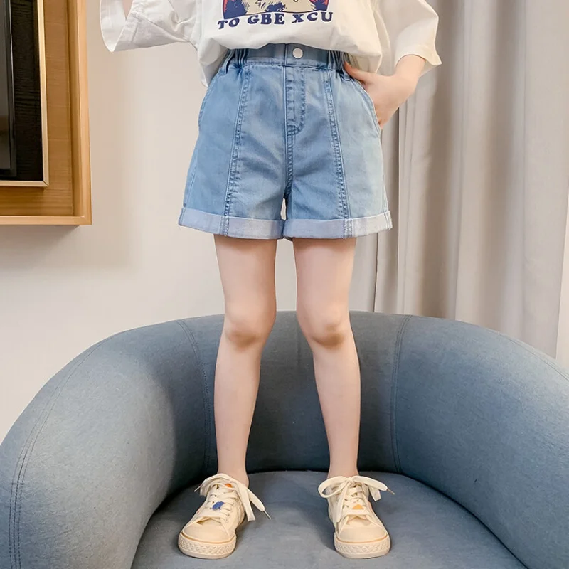 여아 데님 반바지, 한국 스타일 아동복, 단색 십대 소녀 청바지 반바지, 패션 복장 하의 5-15 세