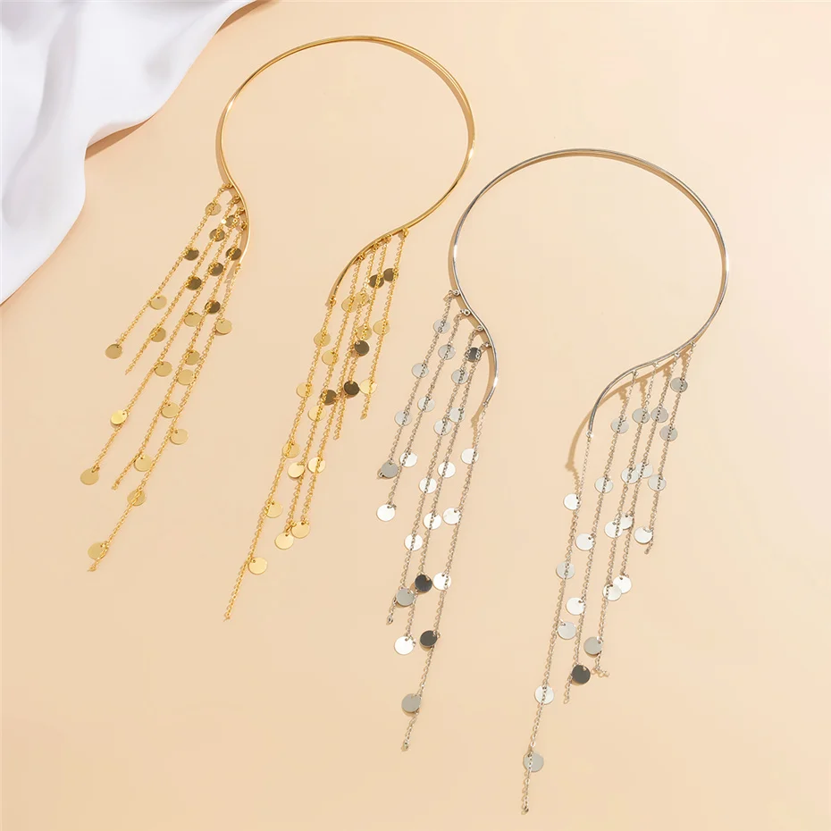 Sexy Goth Long Tassel Star Crystal Sequin Pendant Open Torques Choker Necklace for Women Vintage Chest Chain Wed Accessories New