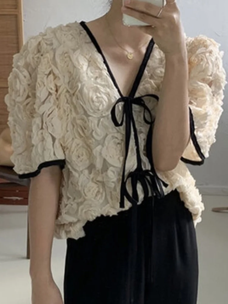 

Women V-neck Tie Bow Shirt Contrast Color Short Sleeve Causal 3D Flower Blouse Top 2023 Summer New Fashion Tide Tops Y412