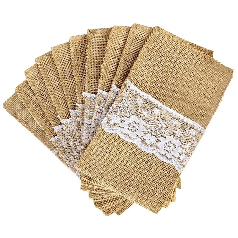 

50PC Burlap Lace Tableware Cutlery, Fork, Napkin, Silverware Holder Bag, Suitable For Country Wedding Party