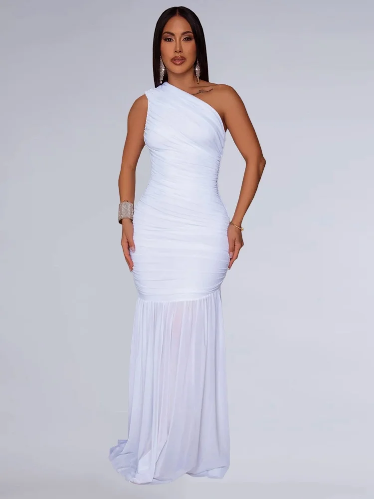 Wmstar 2025 New Women Summer Fashionable Elegant Dress Slanted Shoulder Sexy Transparent Solid Color Dress Sleeveless