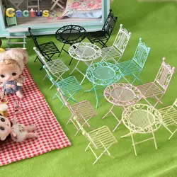 3Pcs/Set European Style Miniature Metal White Table Chair Furniture Model Toys for 1/12 Dolls House Room Garden Decoration
