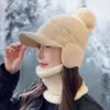 Knitted Earflap Hat Big Pompom Ear Protection Baseball Caps for Women Plus Fleece Lined Outdoor Winter Cycling Earmuff Caps