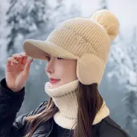 Knitted Earflap Hat Big  Pompom Ear Protection Baseball Caps for Women Plus Fleece Lined Outdoor Winter Cycling Earmuff Caps